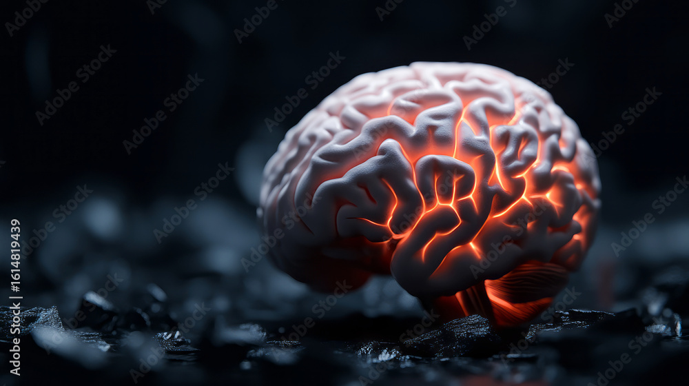 Poster illuminated human brain model on a dark background with textured surface and depth effect