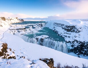 Majestic winter waterfall cascading over snow-covered landscape