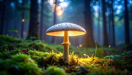Illuminated mushroom in a mystical forest