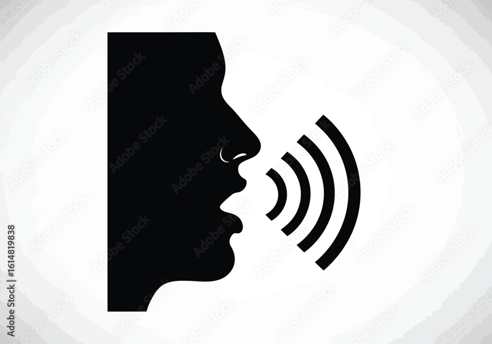 Poster vector illustration of a person speaking with sound waves emanating representing communication and e