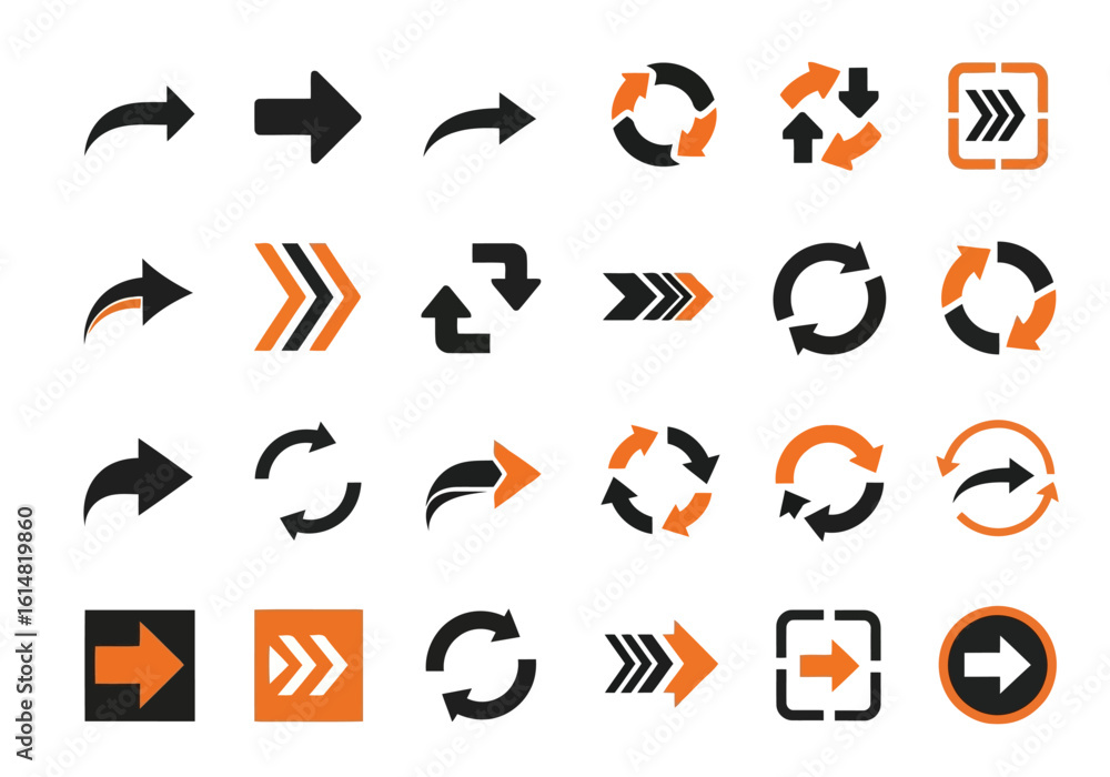 Poster vector illustration of various arrow symbols indicating direction movement and rotation for web and 