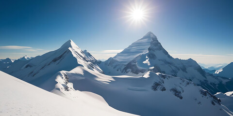 Snowy Mountain Peaks Under Bright Sun

