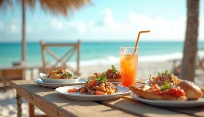 Beachside brunch features fresh food, refreshing drinks, ocean views. Enjoy coastal cuisine, pastries, appetizers, tropical beverages on sunny summer day. Perfect for vacation, holiday, party