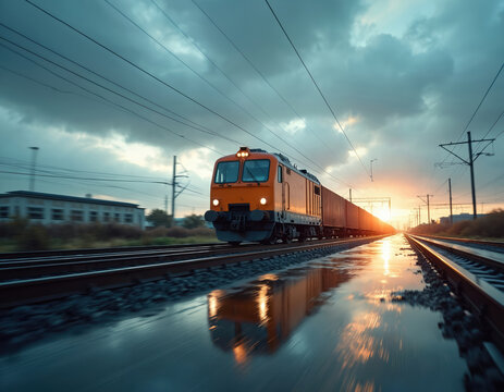 Orange freight train speeds along wet tracks under cloudy, dynamic sky with sun rays reflecting on wet ground. This image captures motion and power of modern rail logistics and transportation systems.