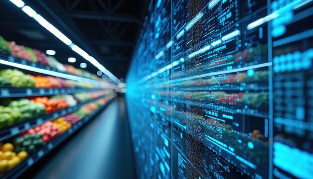 Supermarket aisle perspective with fresh produce on shelves. Digital display integration shows technology advancements in retail. Enhanced shopping experience with data visualization, interactive - Powered by Adobe