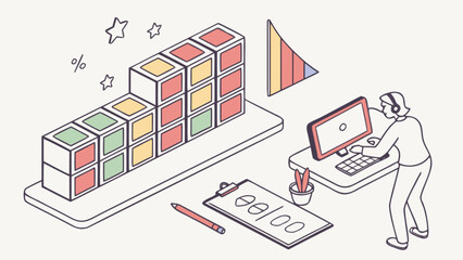 Isometric business performance review dashboard with cubes and employee productivity analysis report