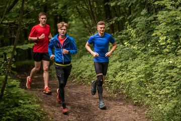 Three teenage boys running on a trail in a park