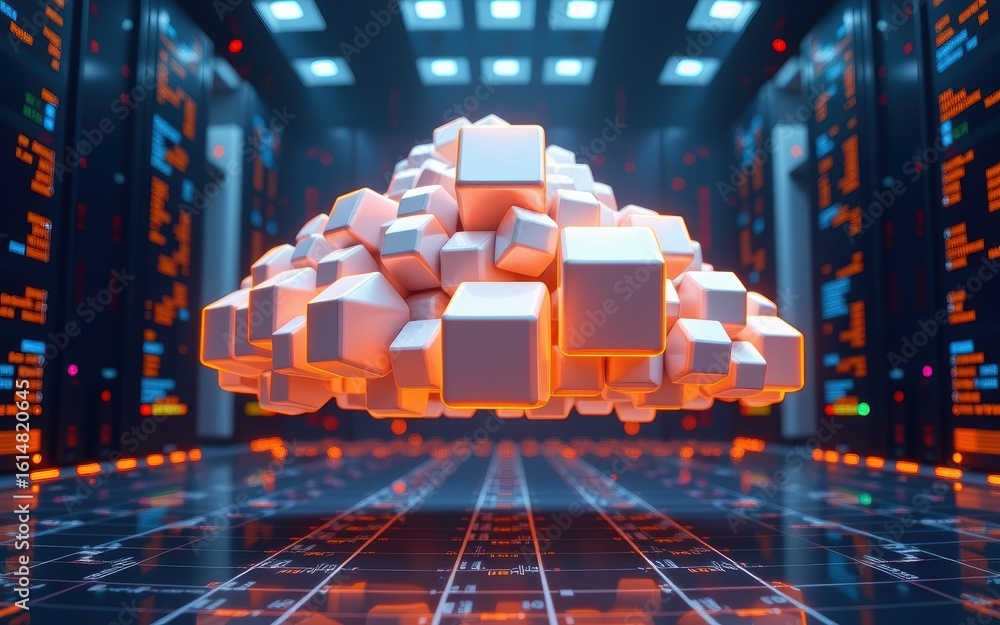 Poster digital cloud composed of cubes in a futuristic data center.