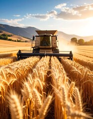 Harvester in golden wheat field at sunset