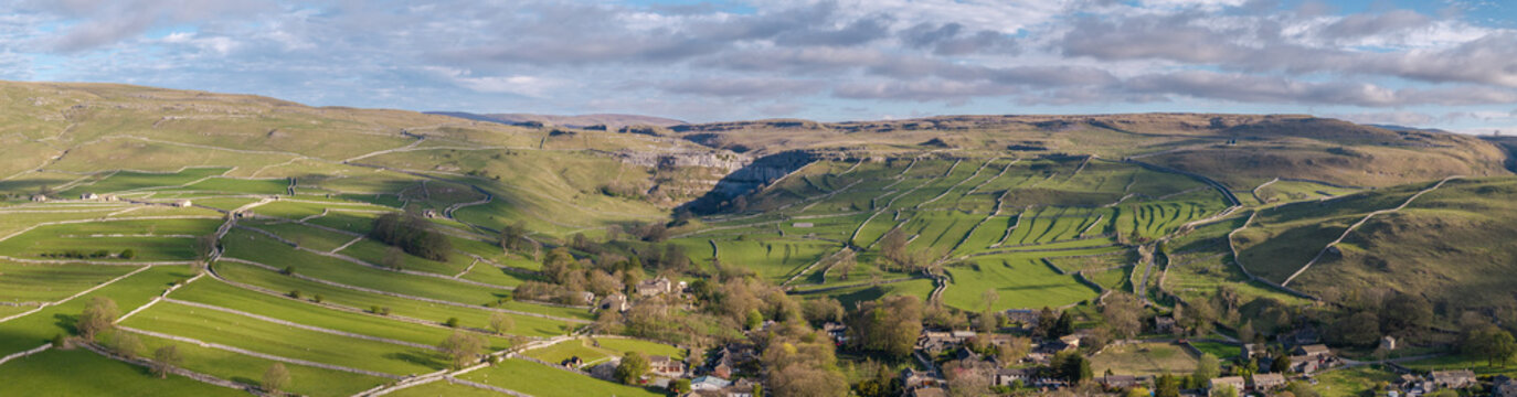 Malham Cove and Village panoramic aerial Vie