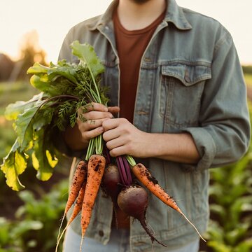 Man holding freshly harvested carrots and beets on farm