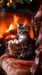 A striped gray cat is sitting by the fireplace on a chair, with a cup of hot chocolate and marshmallows next to it.