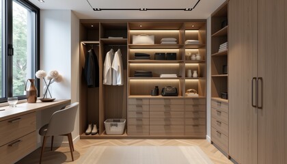Modern closet interior with stylish organization and warm lighting.