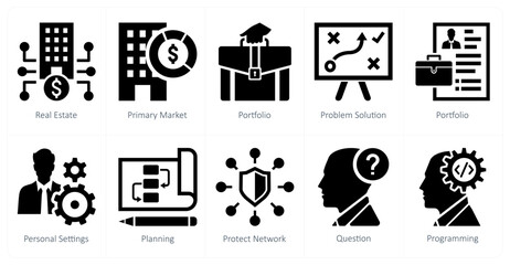 A set of 10 mix icons as real estate, primary market, portfolio