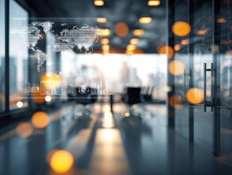 Blurred modern office with a world map data overlay