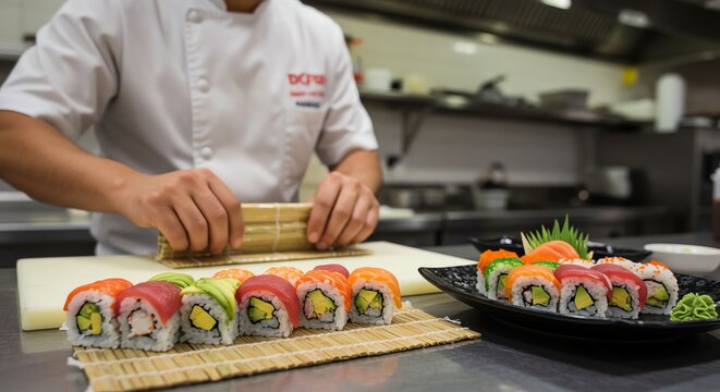 Sushi Chef Preparing Colorful Sushi Rolls in Modern Kitchen