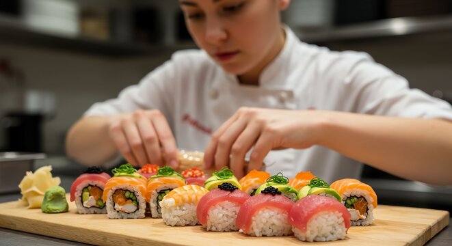 Young Female Sushi Chef Preparing Colorful Sushi Rolls in Modern Kitchen