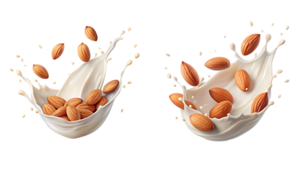 Two almonds Splashing in Plant-Based Milk Isolated on transparent background.