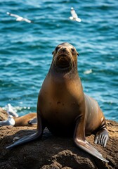 Obraz premium Sea Lion Resting on Rocky Shore in Bright Sunlight with Seagulls Flying in Blue Ocean Background
