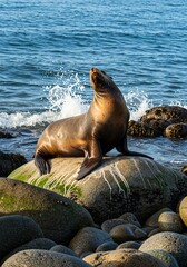 Fototapeta premium Sea Lion Resting on Rocky Shoreline Near Ocean Waves with Bright Sunlight