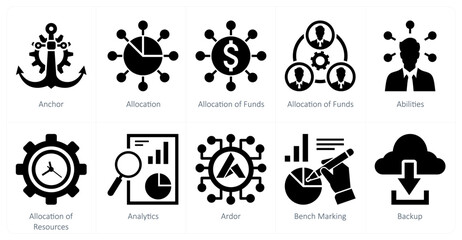 A set of 10 mix icons as anchor, allocation, allocation of funds