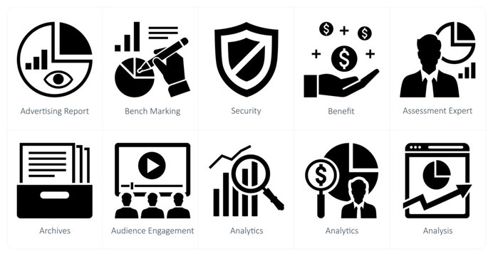 A set of 10 mix icons as advertising report, bench marking, security