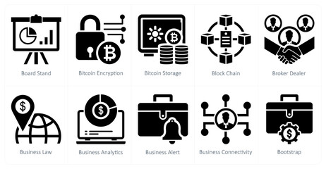 A set of 10 mix icons as board stand, bitcoin encryption, bitcoin storage