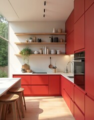 Fototapeta premium Modern kitchen features vibrant red cabinets, natural wood shelving. Sleek, minimalist design with functional storage solutions, bright, airy atmosphere enhanced by large windows with green plants