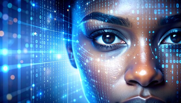 Close-up of a woman's face overlaid with a digital binary code pattern