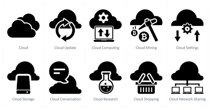A set of 10 mix icons as cloud, cloud update, cloud computing, cloud mining
