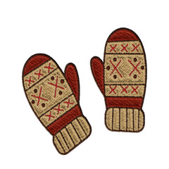 Pair of knitted winter mittens in beige and red with traditional embroidery, ideal for digital winter wearables, cozy character kits, and festive flatlays