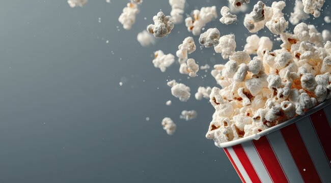 A red-and-white striped popcorn bucket with popcorn exploding from it against a gray background