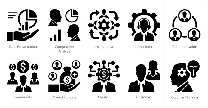 A set of 10 mix icons as data presentation, competitive analysis, collaborative