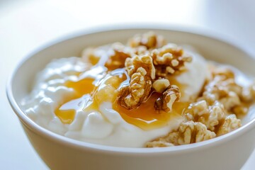 Bowl with oatmeal , walnuts and honey on blurred background. Delicious vegetarian meal with protein and fiber. Natural kitchen texture, clean and fresh.