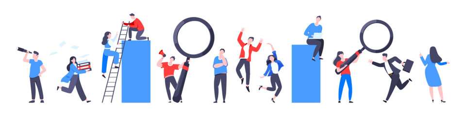 Teamwork concept with tiny people characters working together business concept elements set. Teamwork and time management concept flat style design vector illustration isolated on white background.