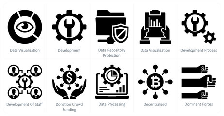 A set of 10 mix icons as data visualization, development, data repository protection