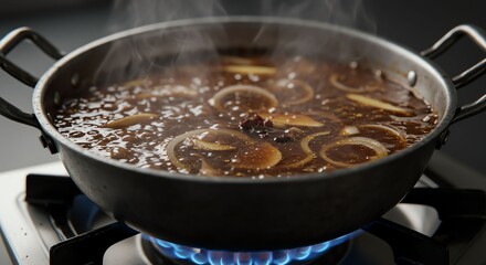 Cooking Pan with Sizzling Onion and Broth on Gas Stove in Kitchen