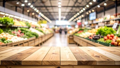 Blurred marketplace with wooden table foreground.