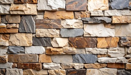 Multicolored stone wall texture; varied shapes and sizes of rectangular stones