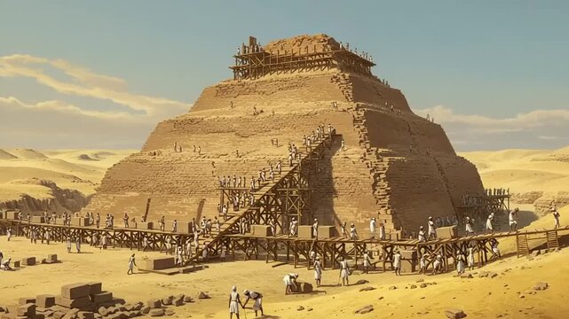 Ancient pyramid construction in a desert landscape