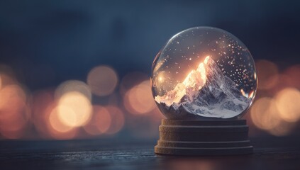 A snow globe displays a majestic, snow-capped mountain peak at sunset, set against a bokeh backdrop
