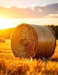 Golden hay bale in sunset field