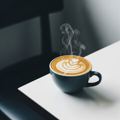 Hot cup of latte with leaf-shaped foam art and artistic steam resembling a dancer, placed on a minimalist white table.
