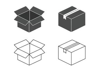 Vector illustration of a collection of cardboard boxes in various states of being open and closed for shipping and storage