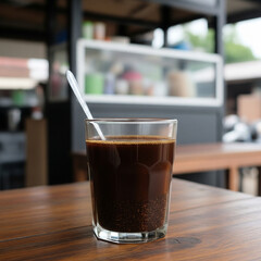 Freshly brewed black coffee served in a glass with grounds settled at the bottom, on a wooden table at a street cafe.
