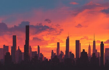 Fiery sunset silhouettes a city skyline