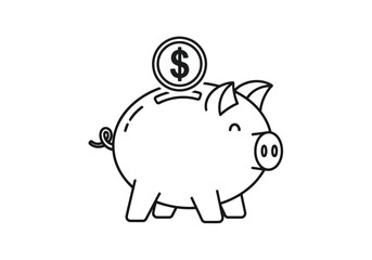 Vector illustration of a cute piggy bank with a dollar coin, symbolizing financial savings and investment