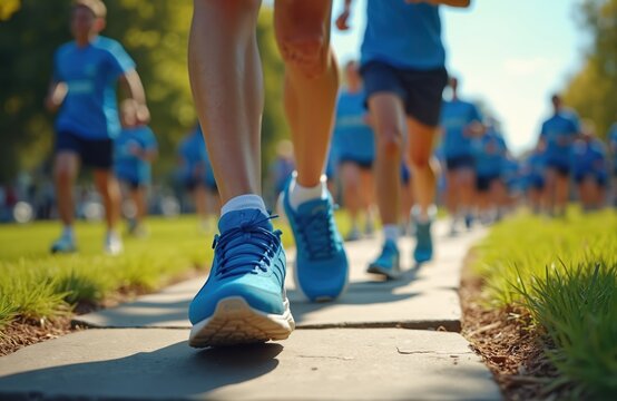 Group of people in blue shirts and shorts walk through a park during daytime for diabetes awareness. They are running on a paved path surrounded by green grass and trees.
