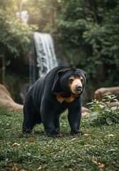 Young Black and Tan Bear Cub Standing in Forest Near Waterfall