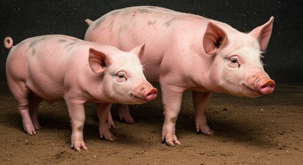 Three Pink Farm Pigs Standing on Dirt Soil Against Black Background